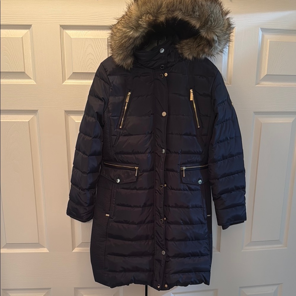 Michael Kors Navy Puffer Coat with Faux Fur Hood 3/4 Length